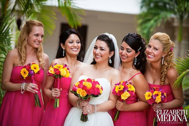  fusia dresses with yellow in bouquets 